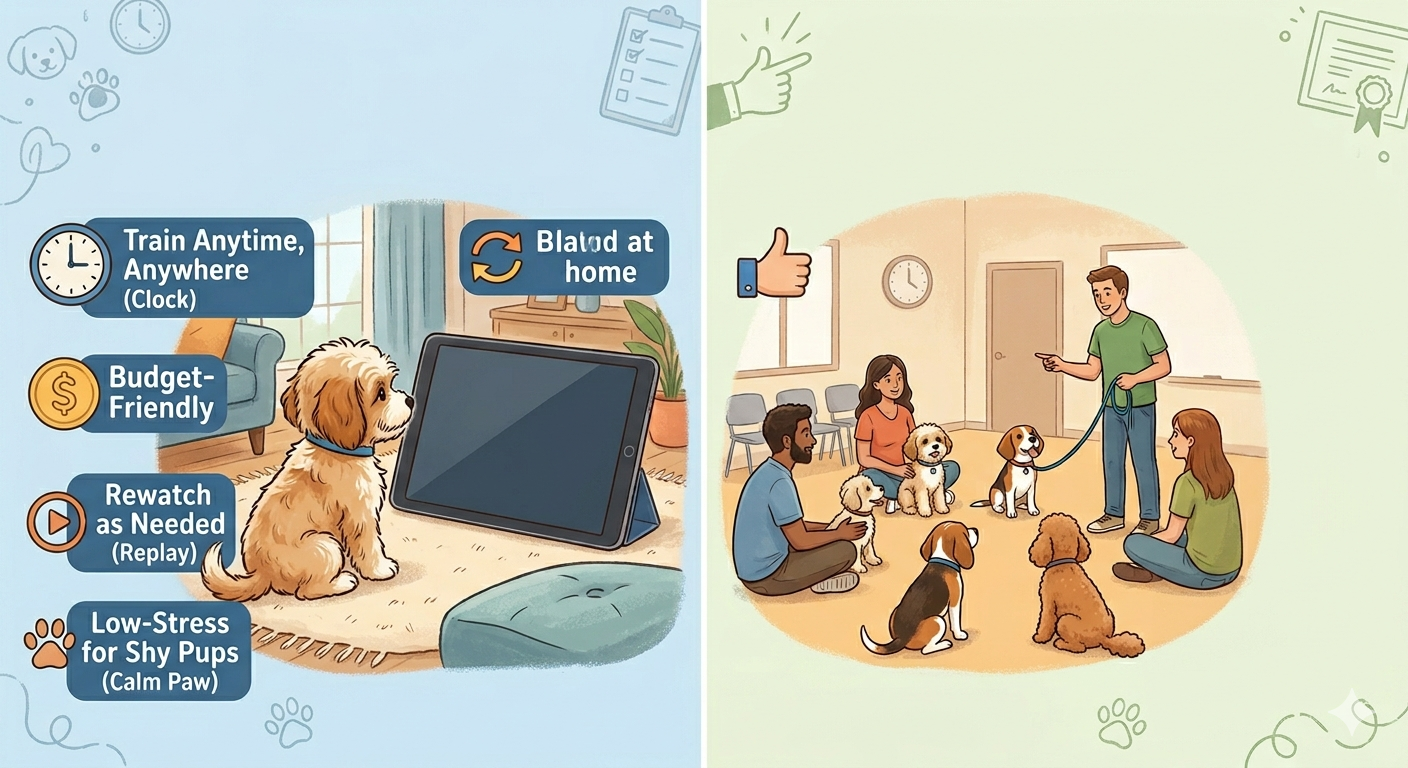 A fluffy puppy watching a training video on a tablet next to a group class in session